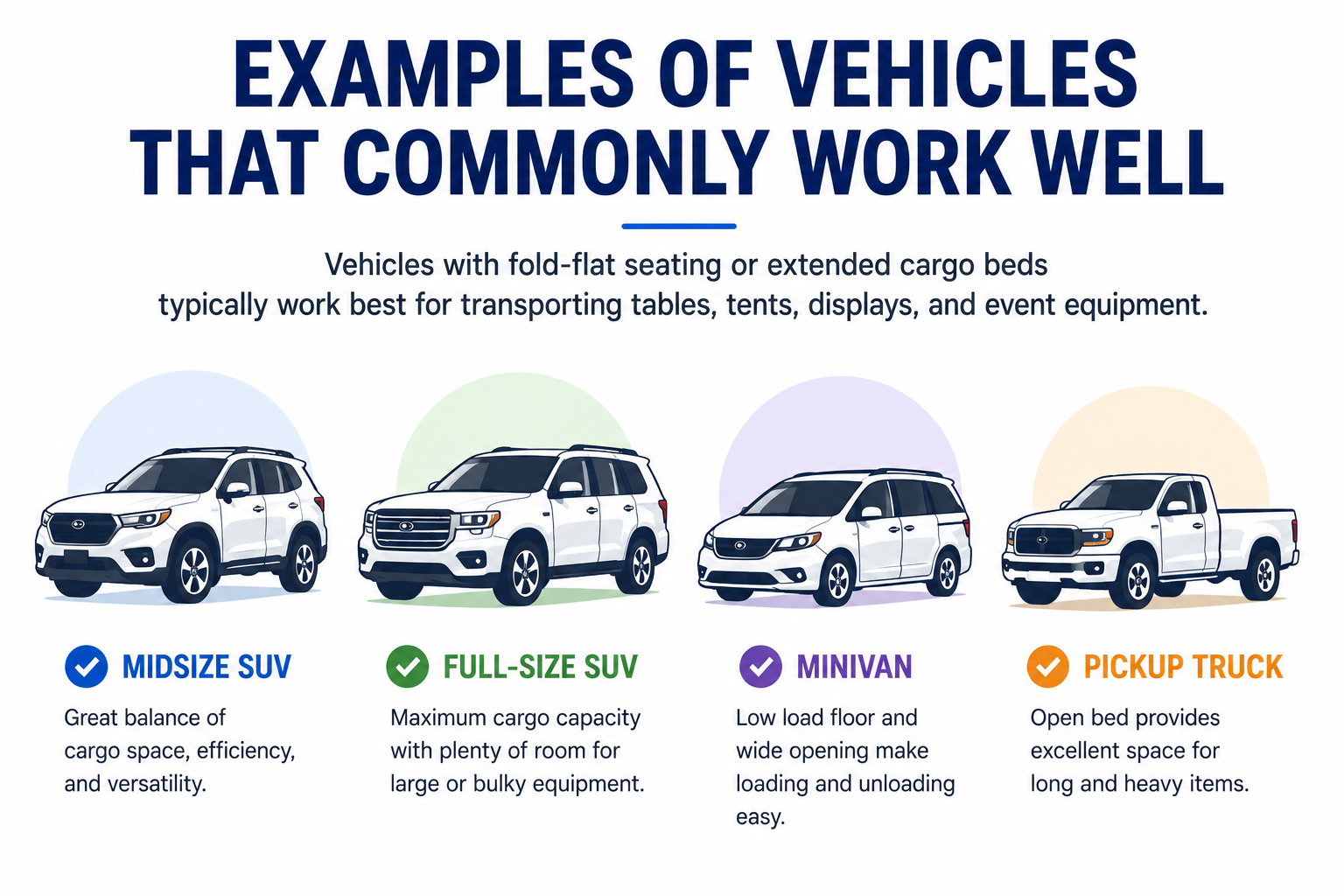 Examples of vehicle types that commonly work well for transporting event equipment.